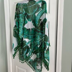 Green Leaf Print Swim Coverup with Tassels